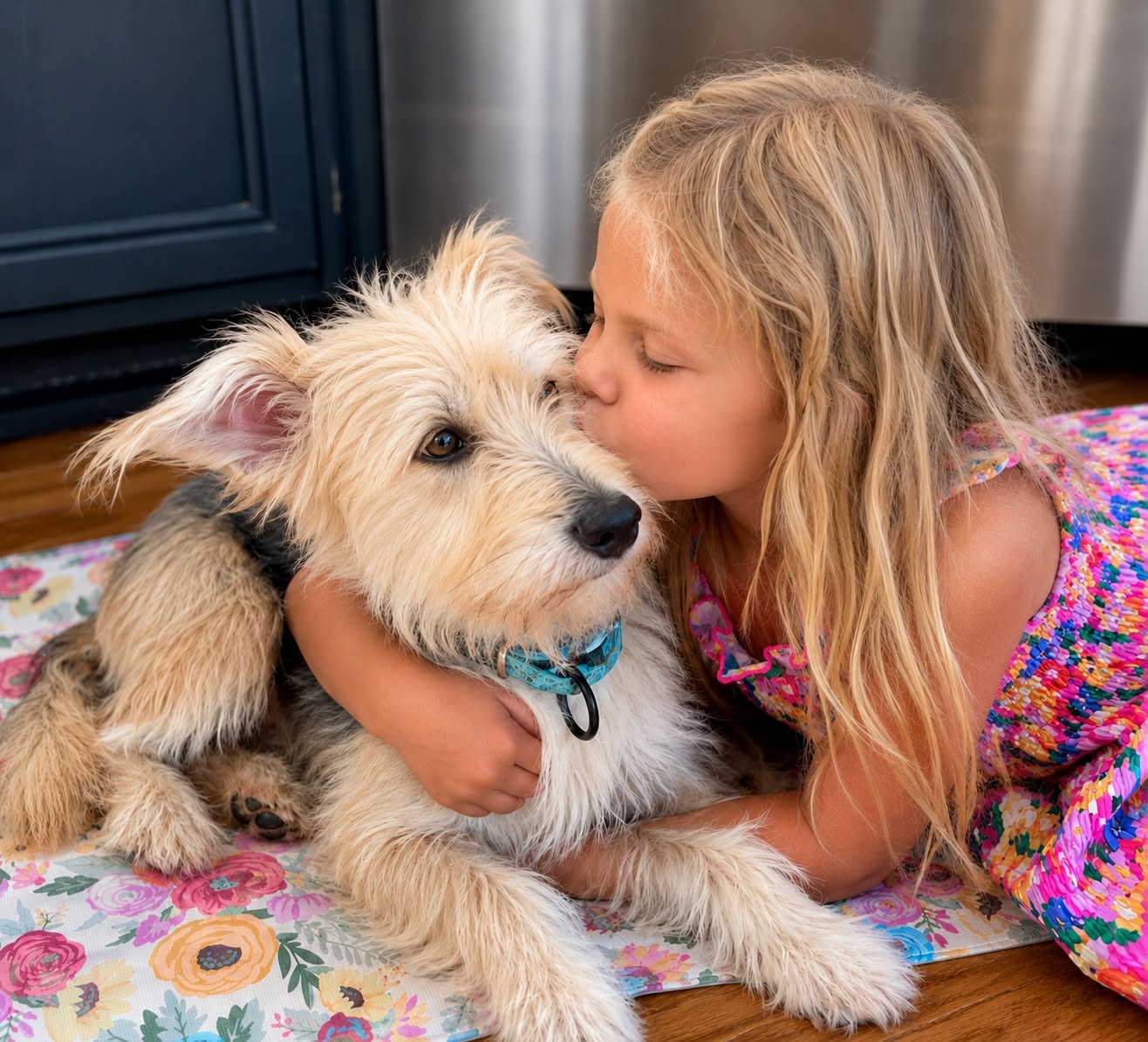 A girl hugging and kissing a shaggy dog at home
